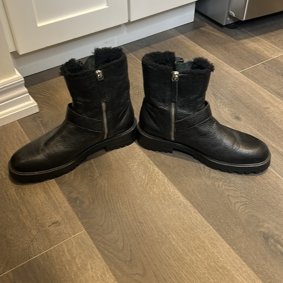 Zara Leather Biker Ankle Boot Black Moto Buckle Chunky Fur Lined Size 9 - Picture 7 of 16